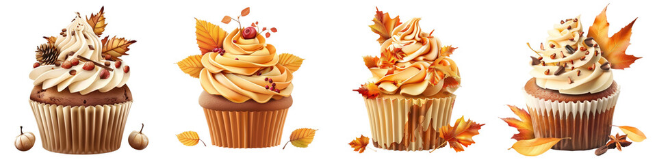 Wall Mural - Delicious autumn-themed cupcakes decorated with cream and leaves, perfect for fall festivities and dessert lovers.