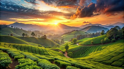 Beautiful sunset over the tea plantations in Munnar, Kerala, India, tea, plantations, Munnar, Kerala, India, landscape