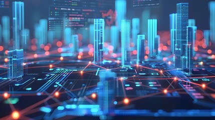 Leinwandbilder - Futuristic Big Data Analytics Skyline with Connected Digital Network