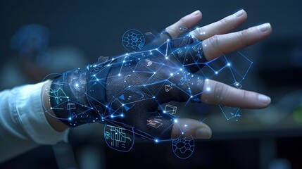 Poster - Futuristic Hand Wearing VR Glove with Virtual Reality Icons