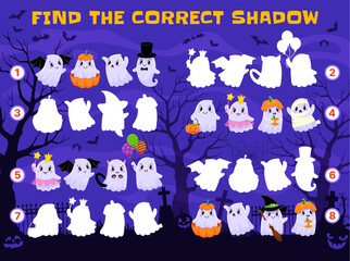 Poster - Find the correct shadow of Halloween kawaii ghosts on cemetery. Kids vector game worksheet with cute cartoon spook characters children logic educational activity, riddle for logical mind development