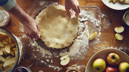 top view close-up of a woman making apple pie at home, homemade recipe