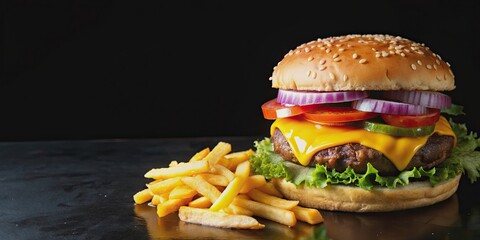 Wall Mural - Delicious cheeseburger with fries , burger, cheese lover, tasty, delicious, relish, fast food, lunch, meal, sandwich, grilled