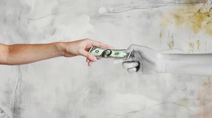 Wall Mural - Digital artwork of hands exchanging a US dollar bill on a gray and white background, symbolizing financial transactions.