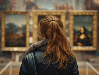 A woman admires artwork in a museum gallery, great for use as a background or illustration