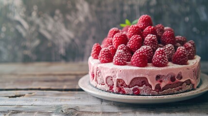 Wall Mural - Chilled raspberry cake topped with fresh raspberries on rustic wooden table