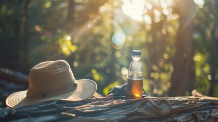 Wall Mural - sun hat, plastic bottle, and gloves on log in forest with sunlight