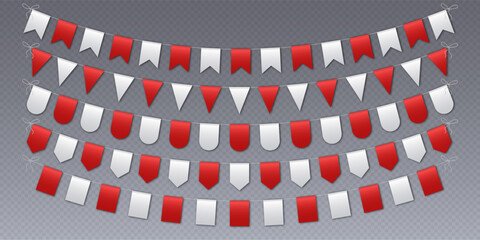 Wall Mural - Bunting flags, carnival party flags, white and red festive pennants hanging on a rope. Festival vector decoration.