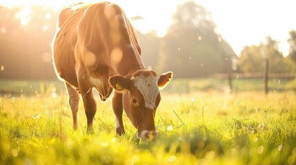 Wall Mural - large brown cow grazing on grassy pasture in bright sunlight