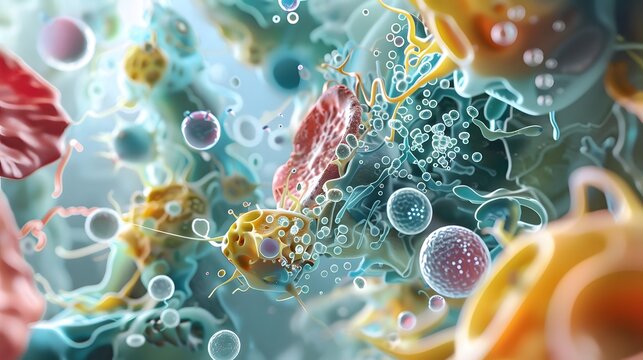 A glowing 3D illustration of DNA with a blue, water-like background featuring patterns of cells, bacteria, and viruses, giving a scientific and microscopic feel