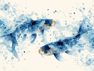 Wall Mural - A blue and white illustration of koi fish in watercolor style. 