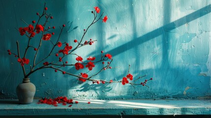 Sticker - Red flower branch on windowsill, blue backdrop, horizontal view