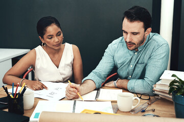 Poster - people, design and architecture in workshop with blueprint, drawing and measurement for building. te