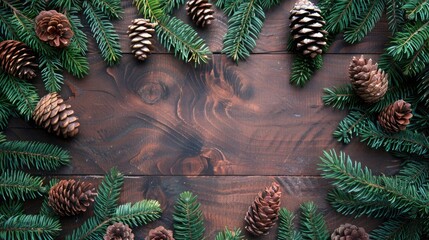 Wall Mural - Festive arrangement with pine branches and cones on wooden background. Flat lay, top view, space for text.