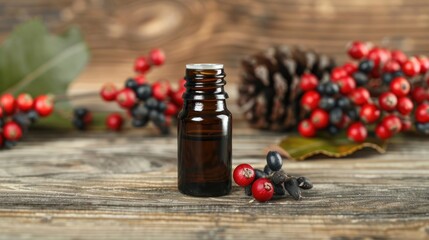 Wall Mural - Black mountain ash essential oil bottle on wooden background plenty of space for your text