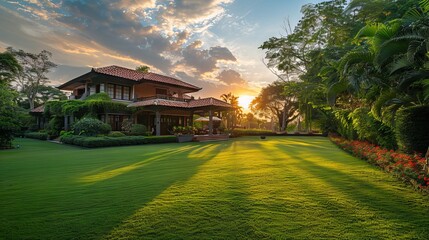 Luxury house with a large lawn at sunset