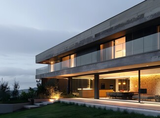 Poster - Modern Concrete House with Large Windows and Patio