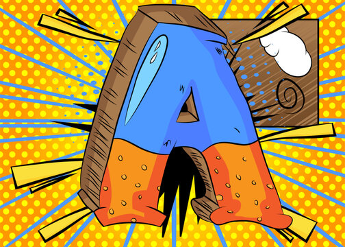 Cartoon Letter A, comic book Alphabet. Retro vector comics pop art design.
