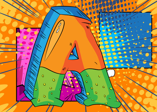 Cartoon Letter A, comic book Alphabet. Retro vector comics pop art design.