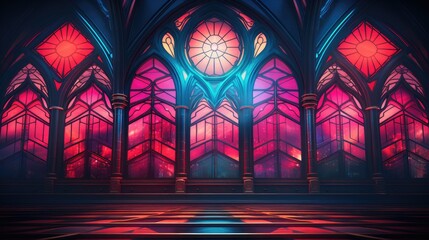 Canvas Print - Cathedral Church Windows Outside Neon Plexus Wallpaper 4k Nodes Lines Shiny Glow  