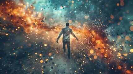 Wall Mural - A man is walking through a bright, colorful, and chaotic space