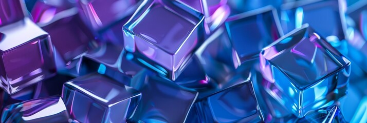 Poster - A close up of abstract blue and purple crystal cubes. The cubes are arranged in a random pattern and have a reflective surface.