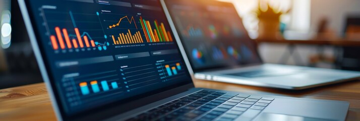 Poster - A close-up of a laptop screen displaying data charts and graphs, symbolizing business analytics, data analysis, growth, technology, and innovation.