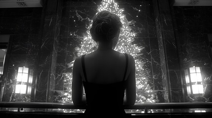 Lady in an evening gown - ball room dress - Christmas party - Christmas tree - silhouette - stylish - mysterious - black and white photo 