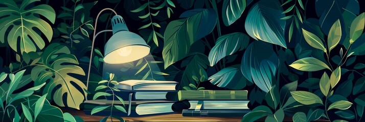 Poster - A cozy reading nook nestled amidst lush greenery with a warm lamp illuminating the pages of a book. It represents tranquility, knowledge, nature, and the joy of reading.