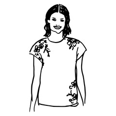 Wall Mural - Smiling pretty brunette girl wearing fancy top. Portrait of a beautiful woman in summer cloth. Hand drawn linear doodle rough sketch. Black and white silhouette.