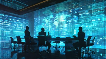 Poster - A group of business leaders discuss strategy in a futuristic boardroom with a large screen displaying a global map, representing the interconnectedness of the business world.