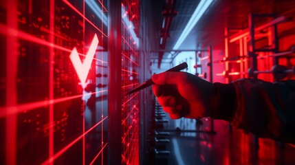 Poster - A hand reaches out to mark a large red checkmark on a futuristic red grid.  The checkmark symbolizes success, achievement, and progress, while the red grid represents a complex system or challenge bei
