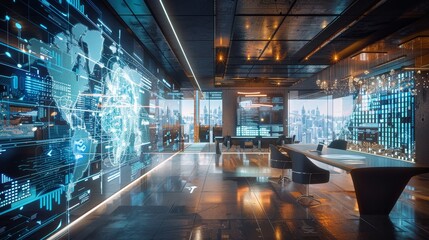 Poster - A modern office space with a large digital display featuring a world map, symbolizing global connectivity, data visualization, futuristic technology, and innovation.