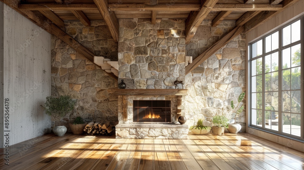 A rustic living room with a stone fireplace, wood beams, and large ...