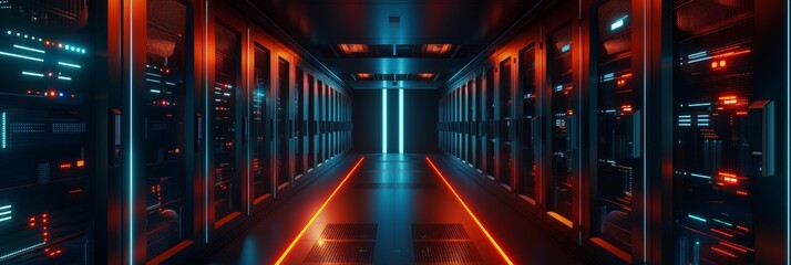 Poster - a server room with glowing blue and red neon lights. the concept of data processing, high-tech infra