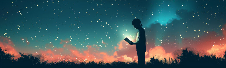 Poster - A silhouette of a person standing in a field, reading a book under a starry night sky, with the light from the book illuminating their face. This image symbolizes knowledge, imagination, wonder, and t