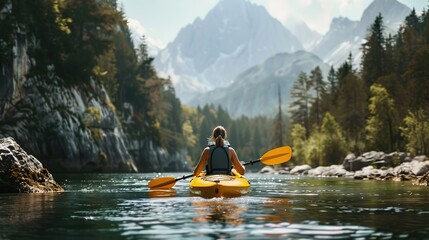 Wall Mural - Solo female kayaking in serene stream in mountains, rear view, summer outdoor adventure concept. copy space for text.