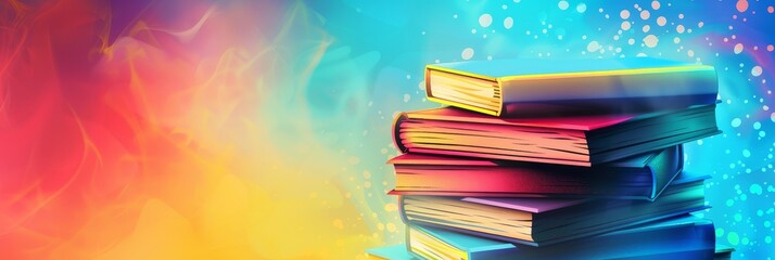 Poster - A stack of books with a colorful and magical background symbolizing knowledge, education, imagination, and creativity.
