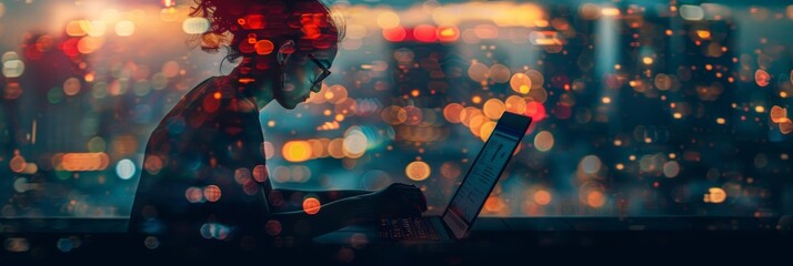 Poster - A woman sits at a desk in front of a window, working on her laptop.  The city lights outside create a beautiful bokeh effect. This image symbolizes productivity, focus, technology, ambition, and succe