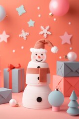 Wall Mural - Cute snowman with a Santa hat and scarf against a pink background.