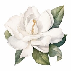 Wall Mural - Watercolor, white flower with green leaves. The flower is the main focus of the image. The image conveys a feeling of calmness and serenity