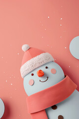 Wall Mural - Cute snowman with a Santa hat and scarf against a pink background.