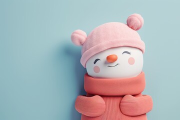 Wall Mural - Cute snowman with a Santa hat and scarf against a blue background.