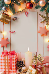 Christmas poster with space for text. New year banner festive border frame