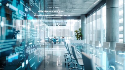 Poster - This image showcases a contemporary office interior with glass walls displaying data visualizations. It symbolizes innovation, technology, transparency, collaboration, and progress.