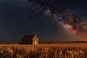 Wall Mural - A small, old church stands in a field of tall, dry grass