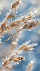 Poster - A close-up image of grass stalks covered in a layer of frost, with a bright blue sky and sun-dappled background. The ice crystals sparkle in the sunlight, creating a beautiful winter scene.
