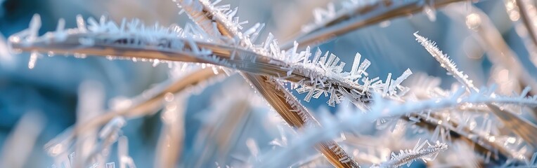 Poster - A close-up view of a branch covered in delicate frost crystals. The branch is brown and the frost is white, creating a beautiful contrast. The background is a soft blue, suggesting a clear winter day.