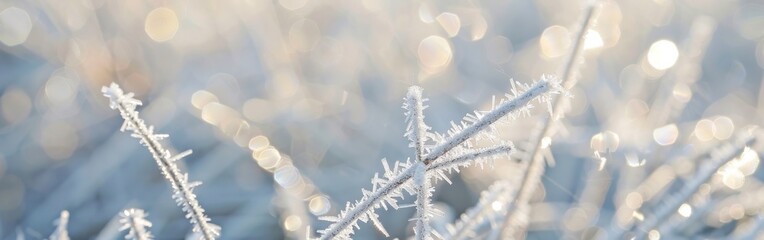 Aufkleber - A close-up view of thin branches coated in frost, illuminated by soft morning sunlight. The branches are arranged in a loose pattern, creating a delicate and airy feel. The background is blurred, high