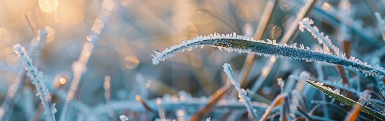 Poster - A single blade of grass covered in frost stands out in the foreground, while the background shows more frosty grass blades and a sunlit sky. The frost crystals sparkle with a delicate beauty.
